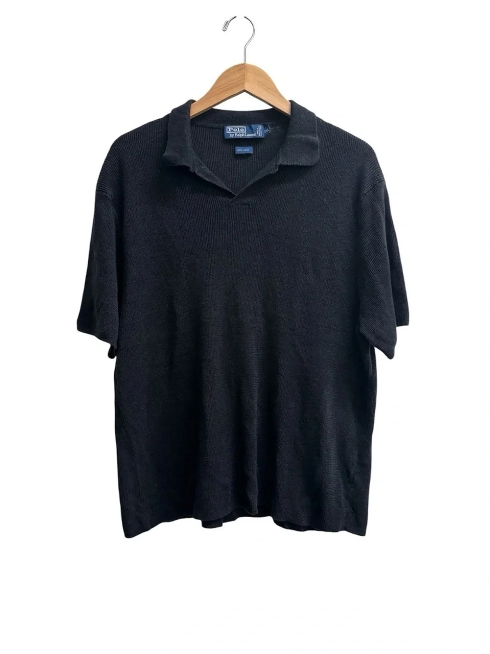 Polo Ralph Lauren Linen Knit Polo Shirt L Black Italian Yarn Short Sleeve Mesh
